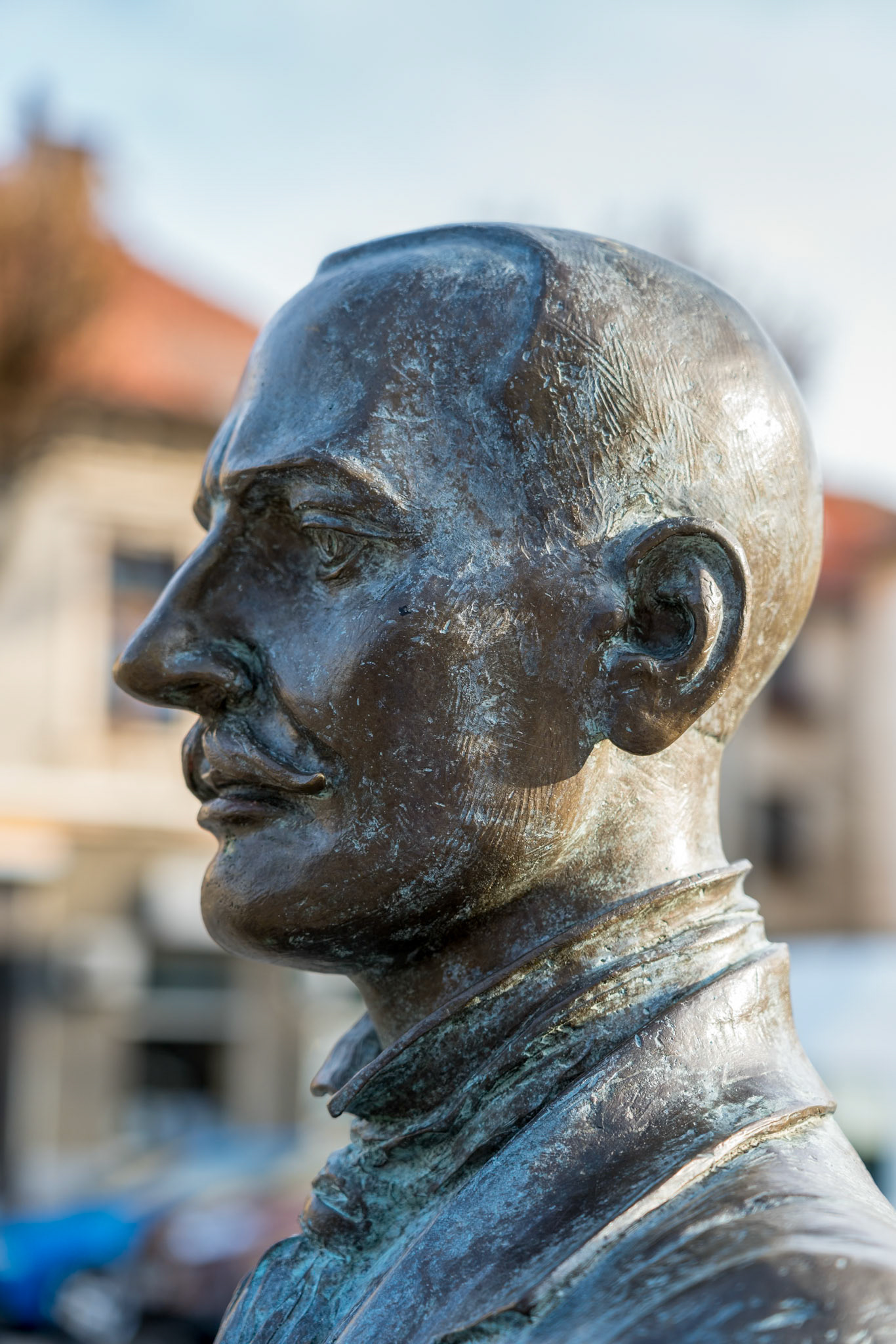 BISTRITA, TRANSYLVANIA/ROMANIA - SEPTEMBER 17 : Bronze statue of the photographer Alexandru Rosu in Bistrita Transylvania Romania on September 17, 2018