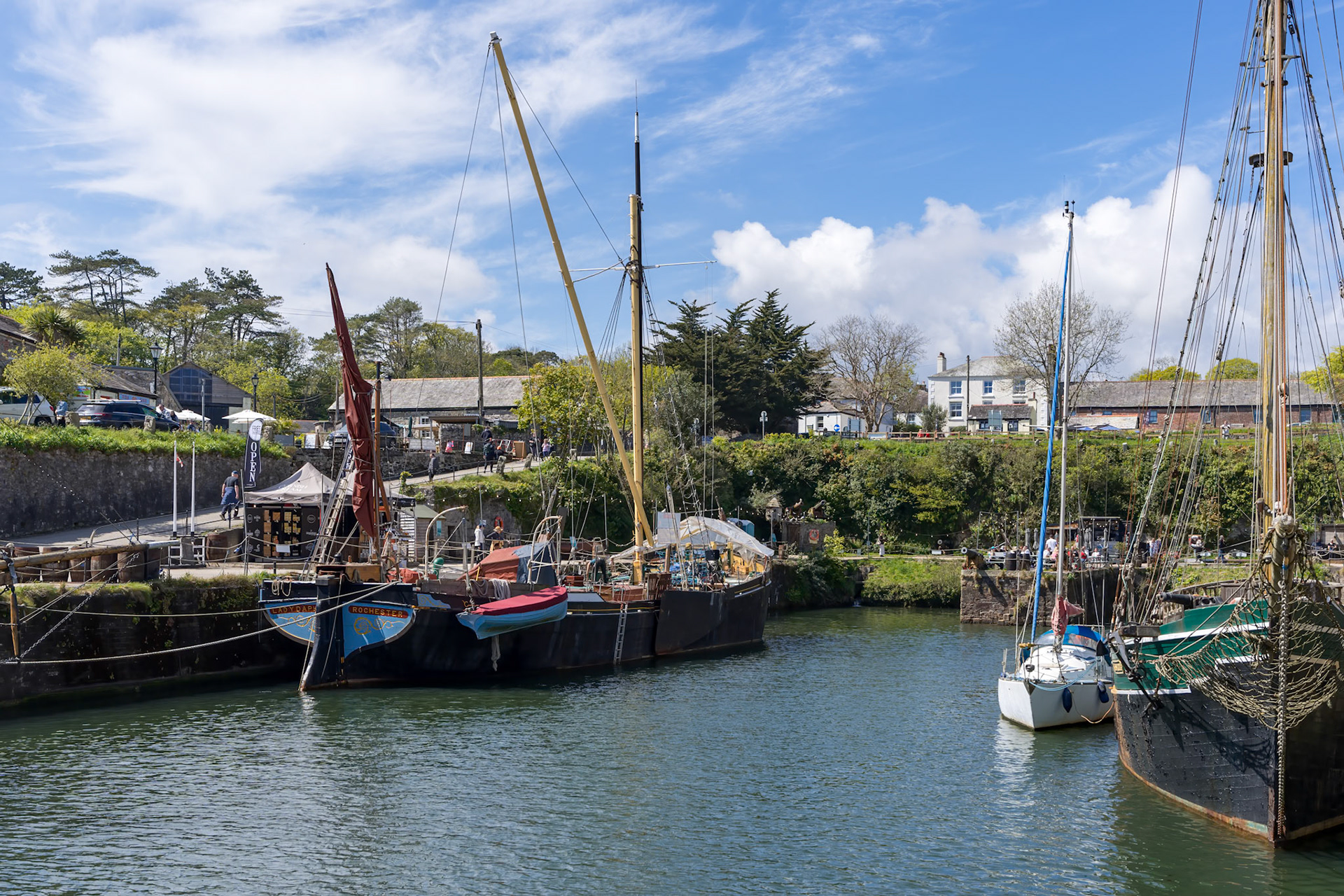 CHARLESTOWN, CORNWALL, UK, MAY 4. View of Charlestown harbour in Cornwall on May 4, 2024. Unidentified people