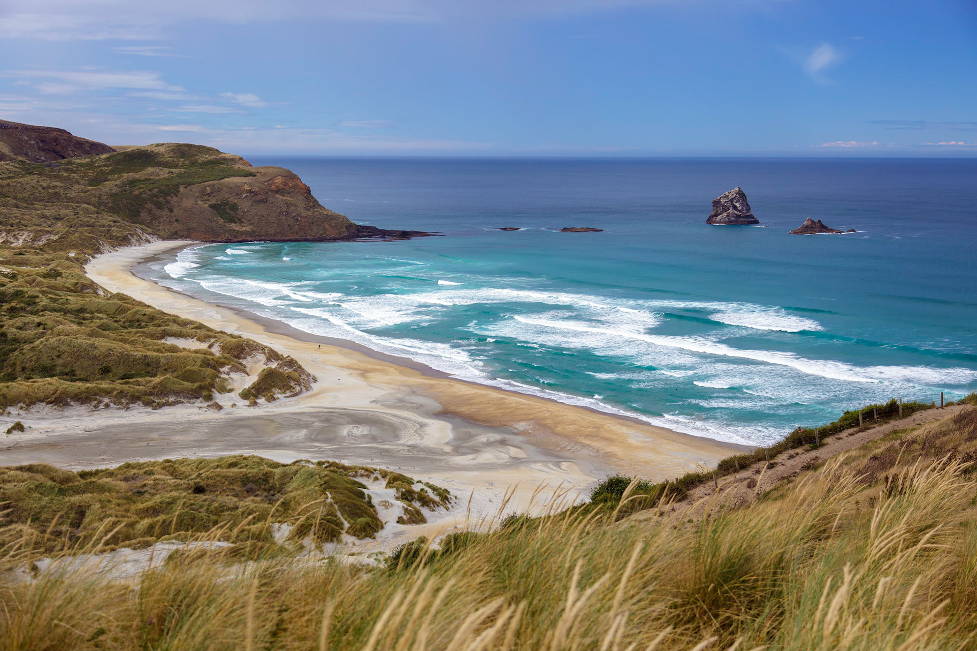 Scenic view of the unspoilt coastline at Sandfly Bay