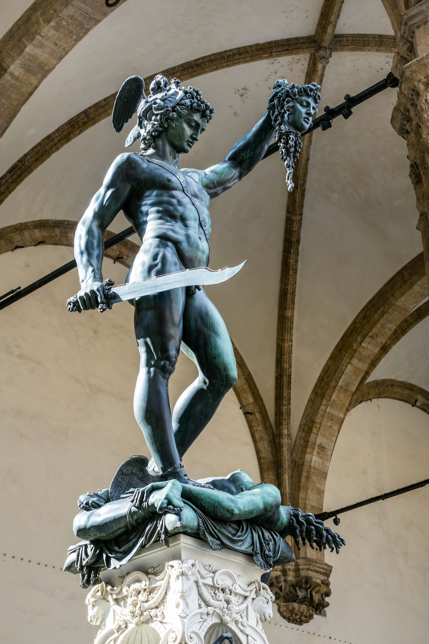 FLORENCE, TUSCANY/ITALY - OCTOBER 19 : Statue of Perseus holding the head of Medusa in Florence on October 19, 2019